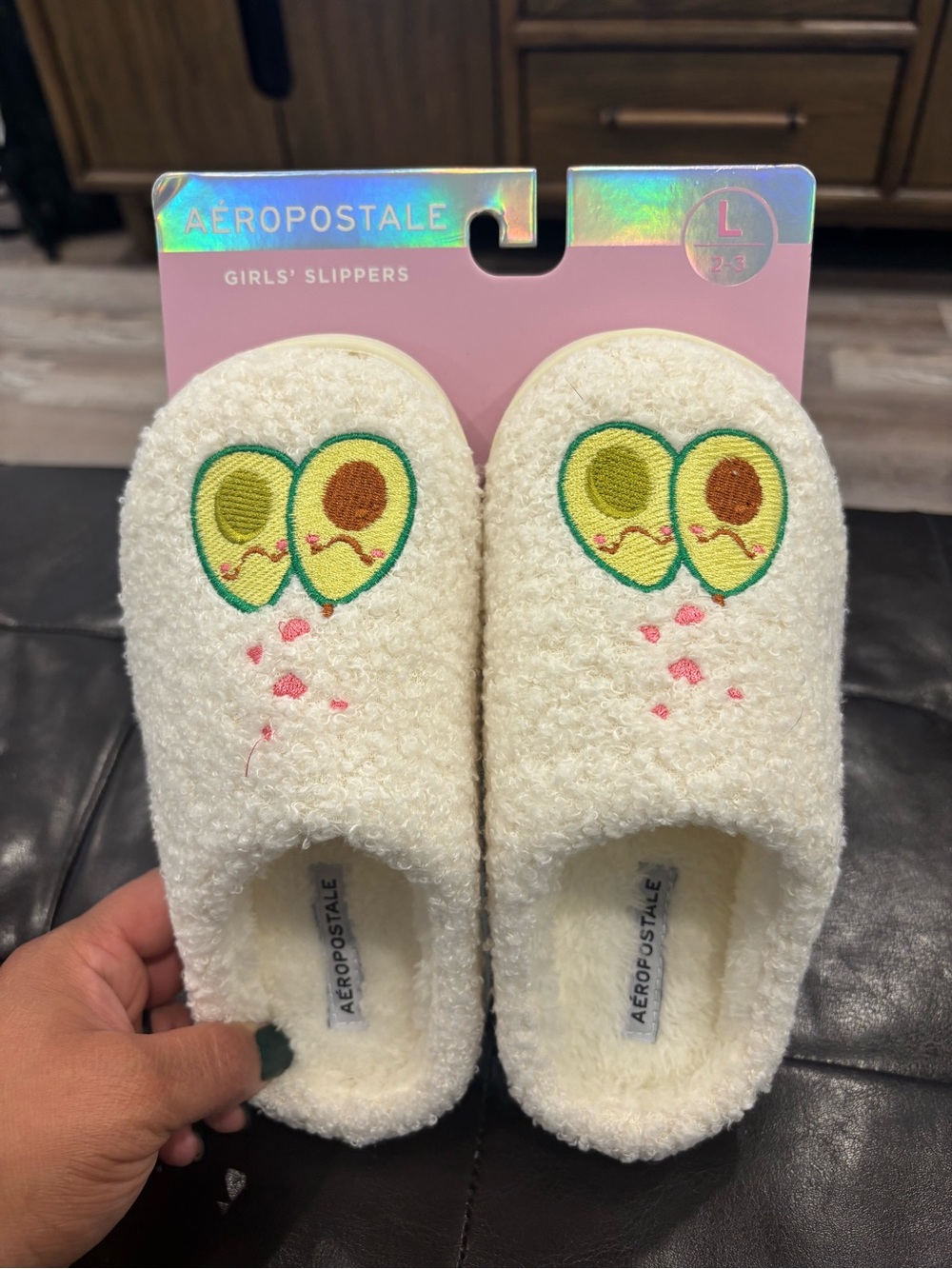 Aeropostale Girls' Cream Slide Slippers with Pink Header